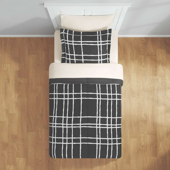 Mainstays All in One Reversible Comforter and Sheet set- 5 Piece, Twin, Black and White Checker