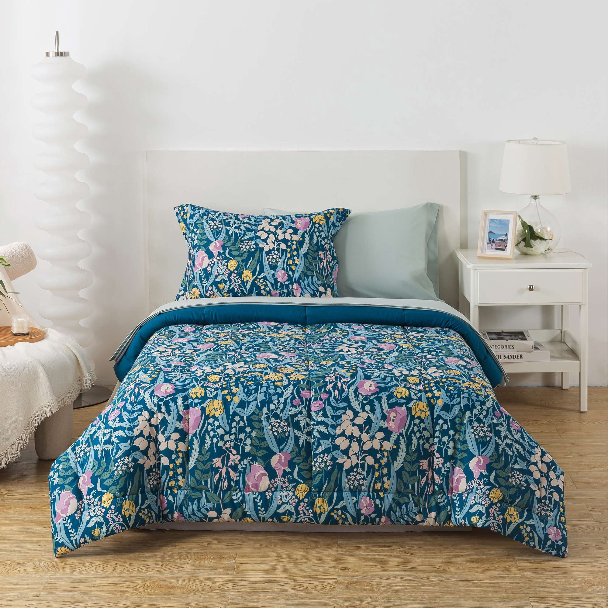 Mainstays All in One Reversible Comforter and Sheet Set, 5-Piece, Twin, Blue Floral