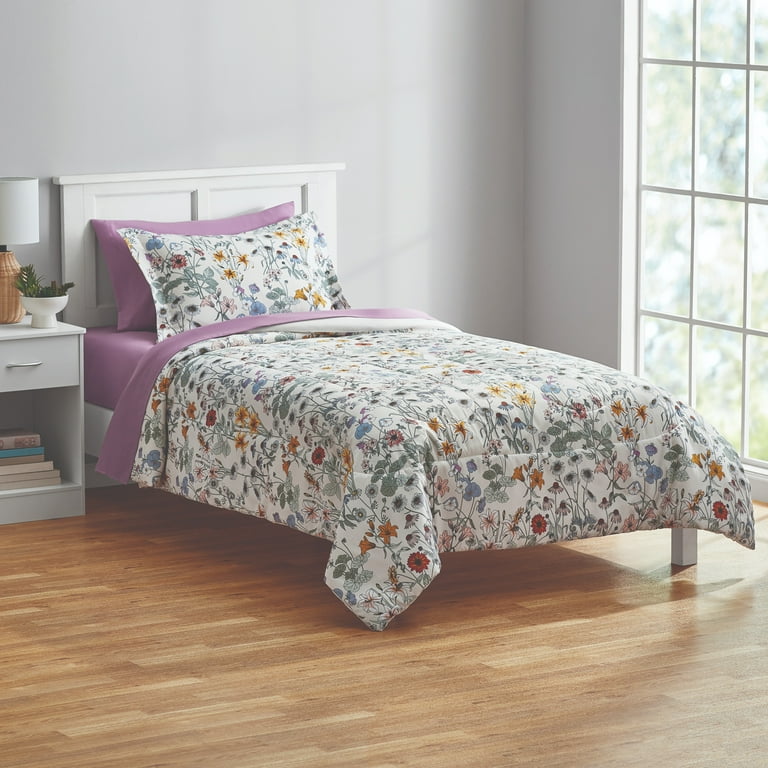 Mainstays Reversible Floral Bed-in-a-Bag Comforter Set with Sheets