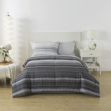 Mainstays 5-Piece Reversible Bed in a Bag Comforter Set with Sheets, Gray Stripe, Twin-XL