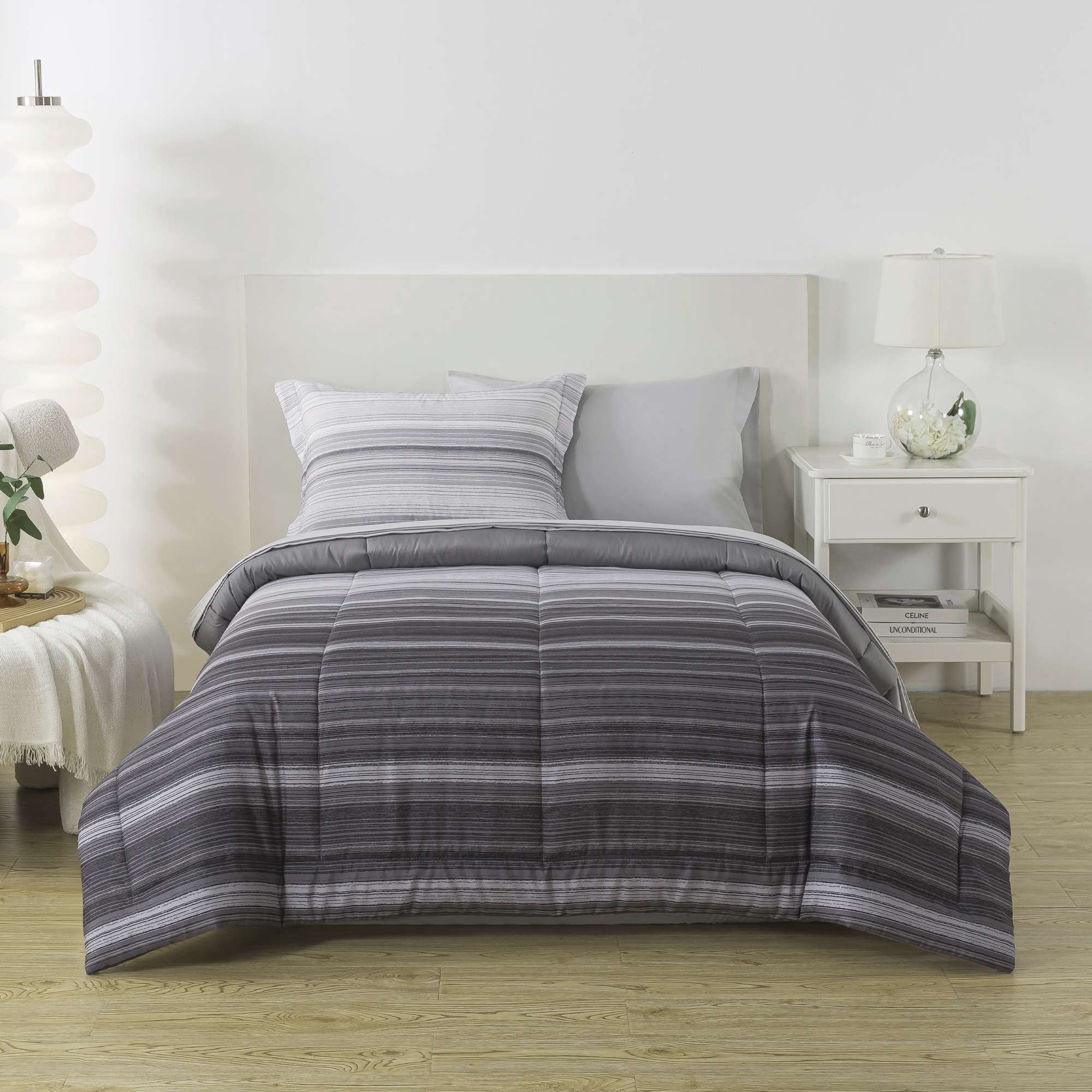 Mainstays All in One Reversible Comforter and Sheet Set, 5-Piece, Twin, Gray Stripe