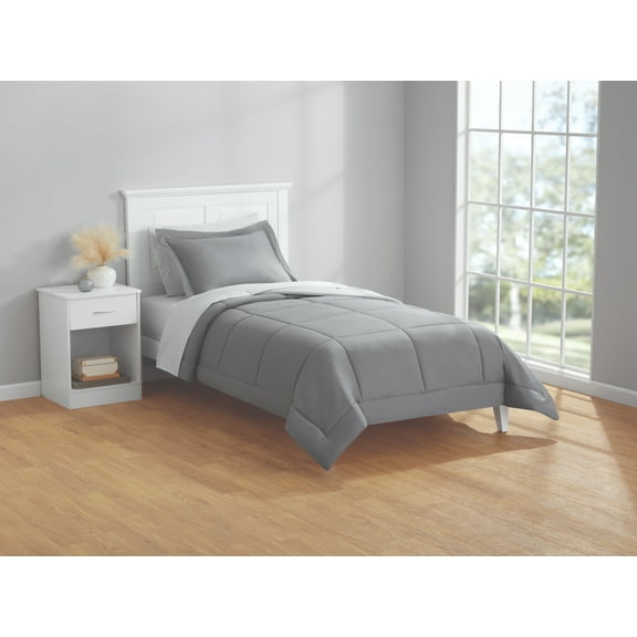 Mainstays 5-Piece Reversible Bed in a Bag Comforter Set with Sheets, Gray, Twin-XL