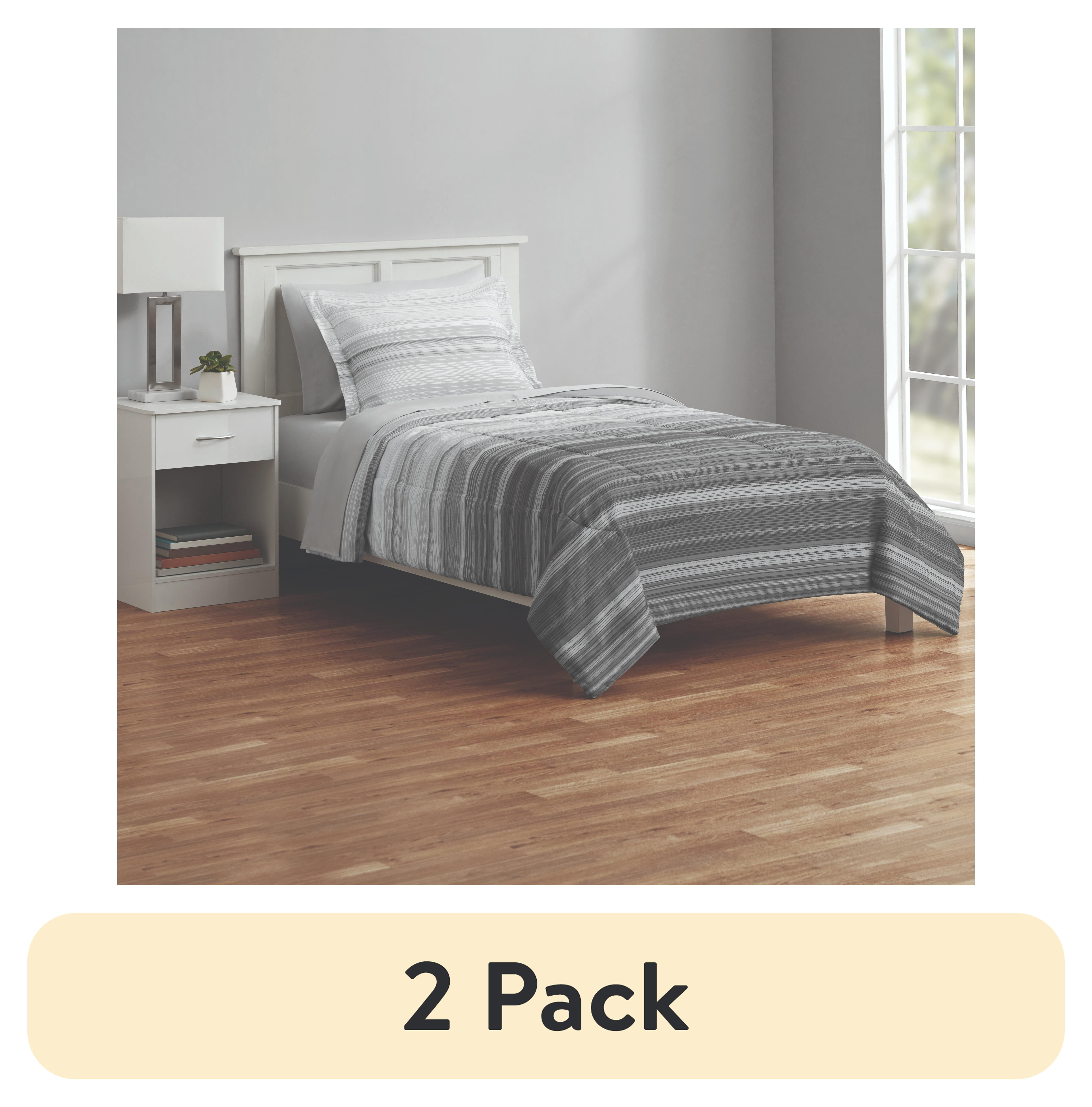 (2 pack) Mainstays 5 Piece Reversible Bed in a Bag Comforter Set with Sheets, Grey Stripe, Twin-XL