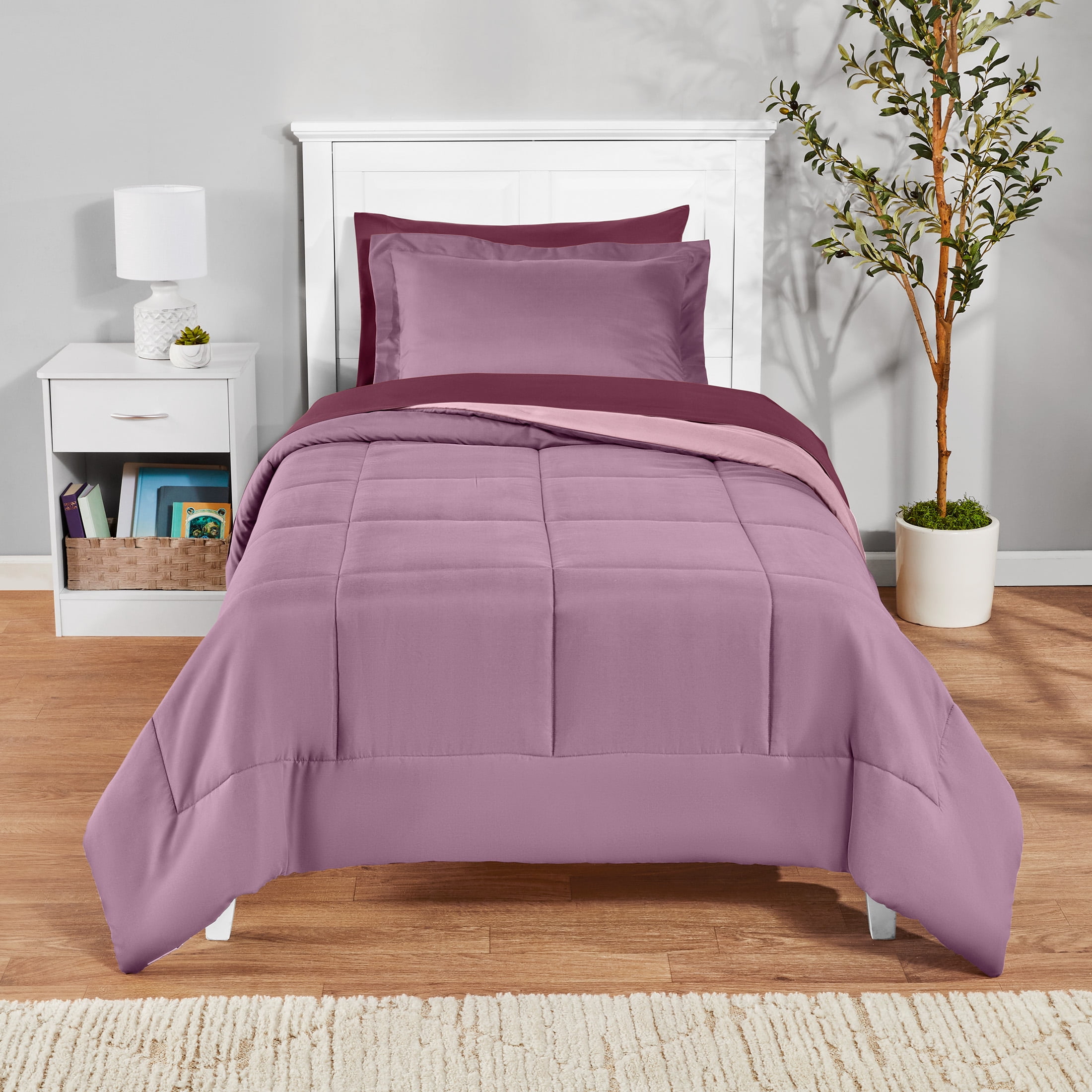 Mainstays 5-Piece Reversible Bed in a Bag Comforter and Sheet Set, Purple
