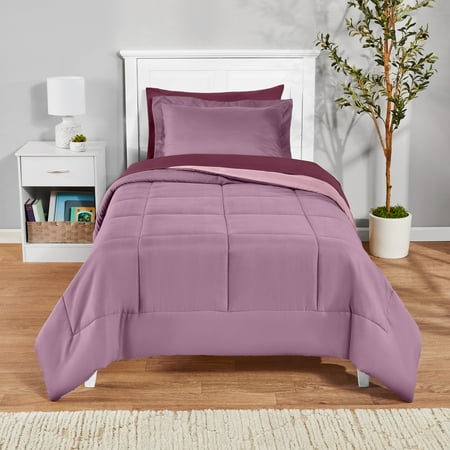 Mainstays All in One Reversible Comforter and Sheet Set- 5 Piece, Twin, Purple
