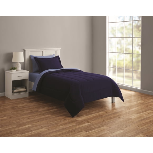 Mainstays Navy Reversible 5-Piece Bed in a Bag Comforter Set with Sheets, Twin XL