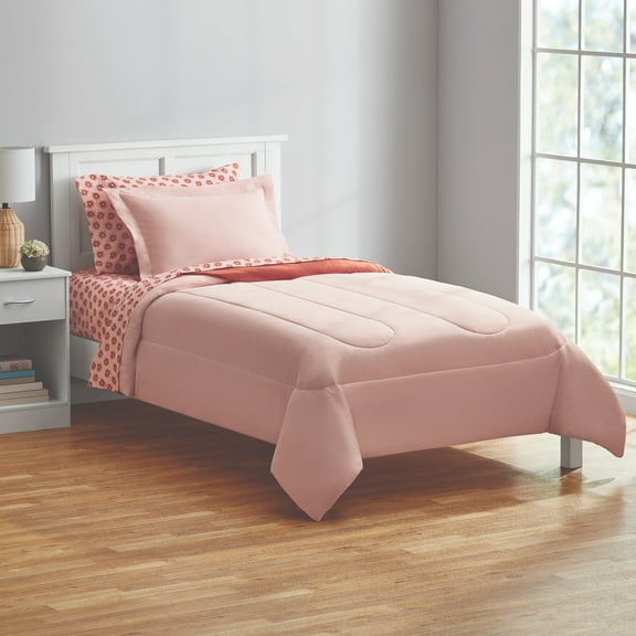 Mainstays 5-Piece Reversible Bed in a Bag Comforter Set with Sheets, Pink, Twin-XL
