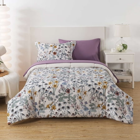Mainstays All in One Reversible Comforter and Sheet Set, 5-Piece, Twin, White Multi Floral