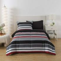 Mainstays 5-Piece Reversible Bed in a Bag Comforter Set with Sheets, Red Stripe, Twin-XL