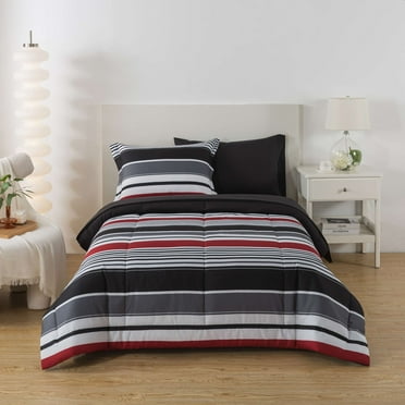 Mainstays 5-Piece Reversible Bed in a Bag Comforter Set with Sheets, Red Stripe, Twin-XL