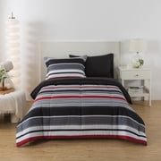 Mainstays Reversible Bed-in-a-Bag Comforter and Sheet Set, 5-Piece, Twin-XL, Red & Black Stripe