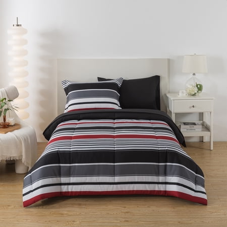 Mainstays All in One Reversible Comforter and Sheet set- 5 Piece, Twin, Red and Black Stripe