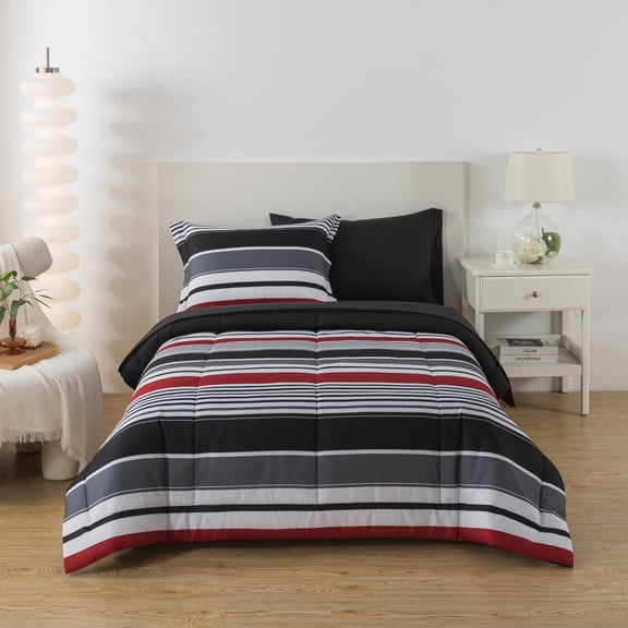 Mainstays All in One Reversible Comforter and Sheet set- 5 Piece, Twin, Red and Black Stripe