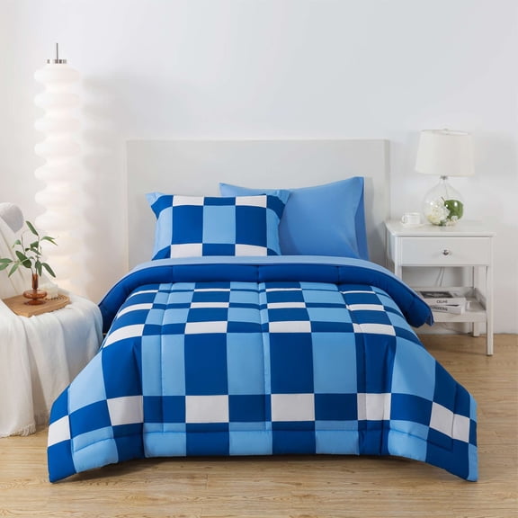 Mainstays 5-Piece Reversible Bed in a Bag with Laundry Tote, Blue Check, Twin-XL