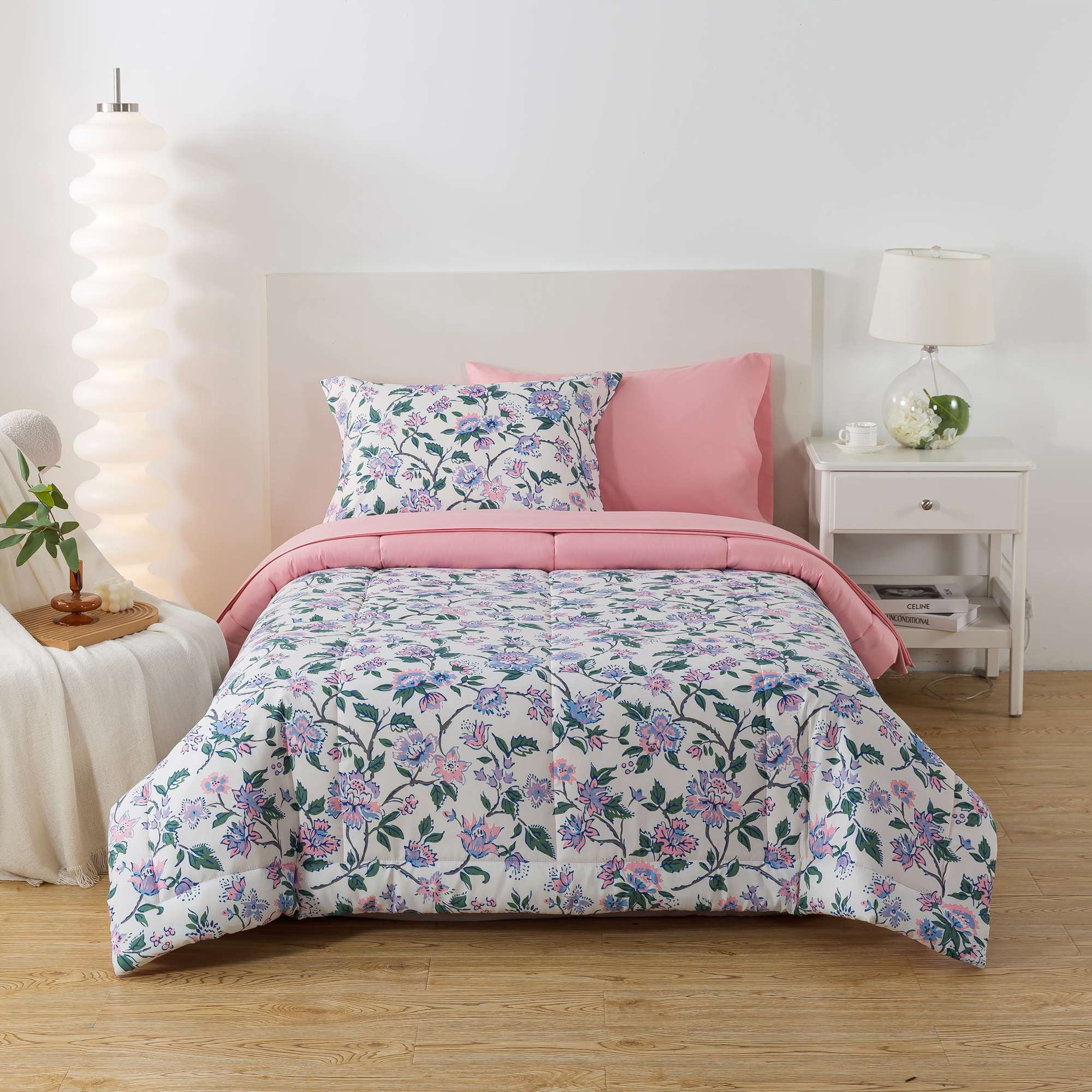 Mainstays 5-Piece Reversible Bed in a Bag with Laundry Tote, Purple Floral, Twin-XL