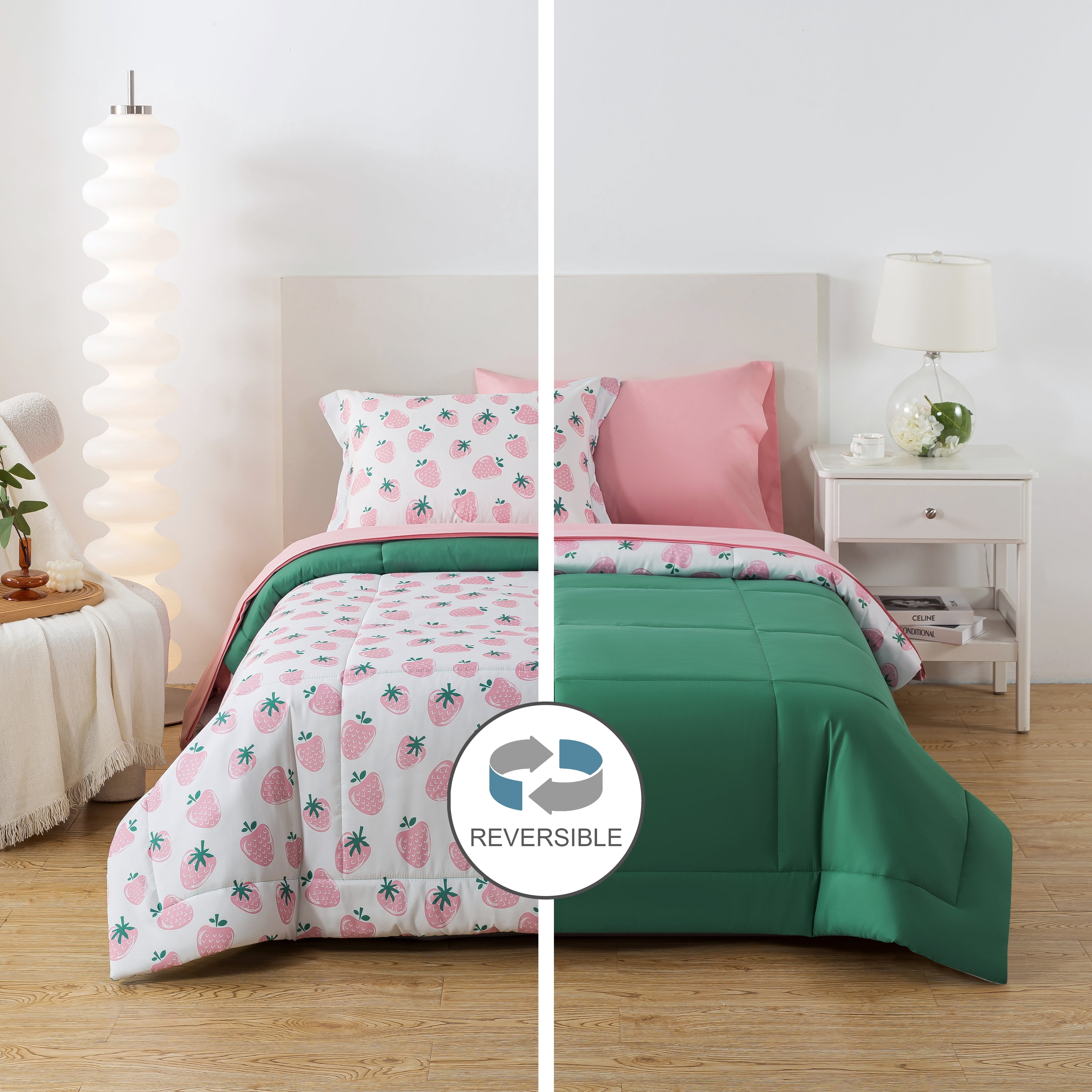 Mainstays 5-Piece Reversible Bed in a Bag with Laundry Tote, Strawberry, Twin-XL