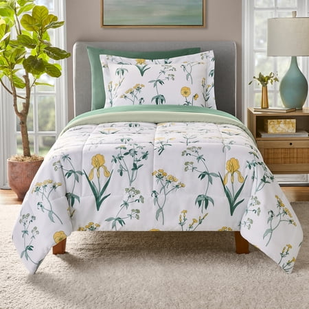 Mainstays 5-Piece Reversible Bed in a Bag Comforter Set with Sheets, Twin-XL, Golden Floral