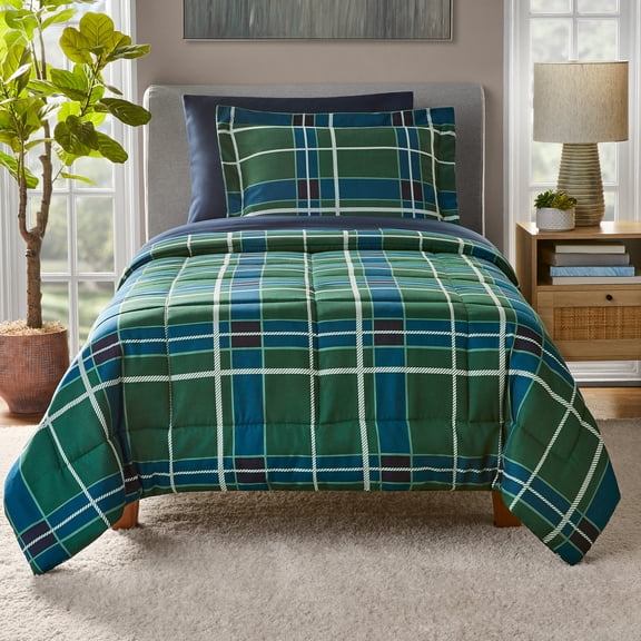 Mainstays Bed in a Bag Reversible Comforter Set with Sheets, 5-Piece, Twin-XL, Green and Navy Plaid