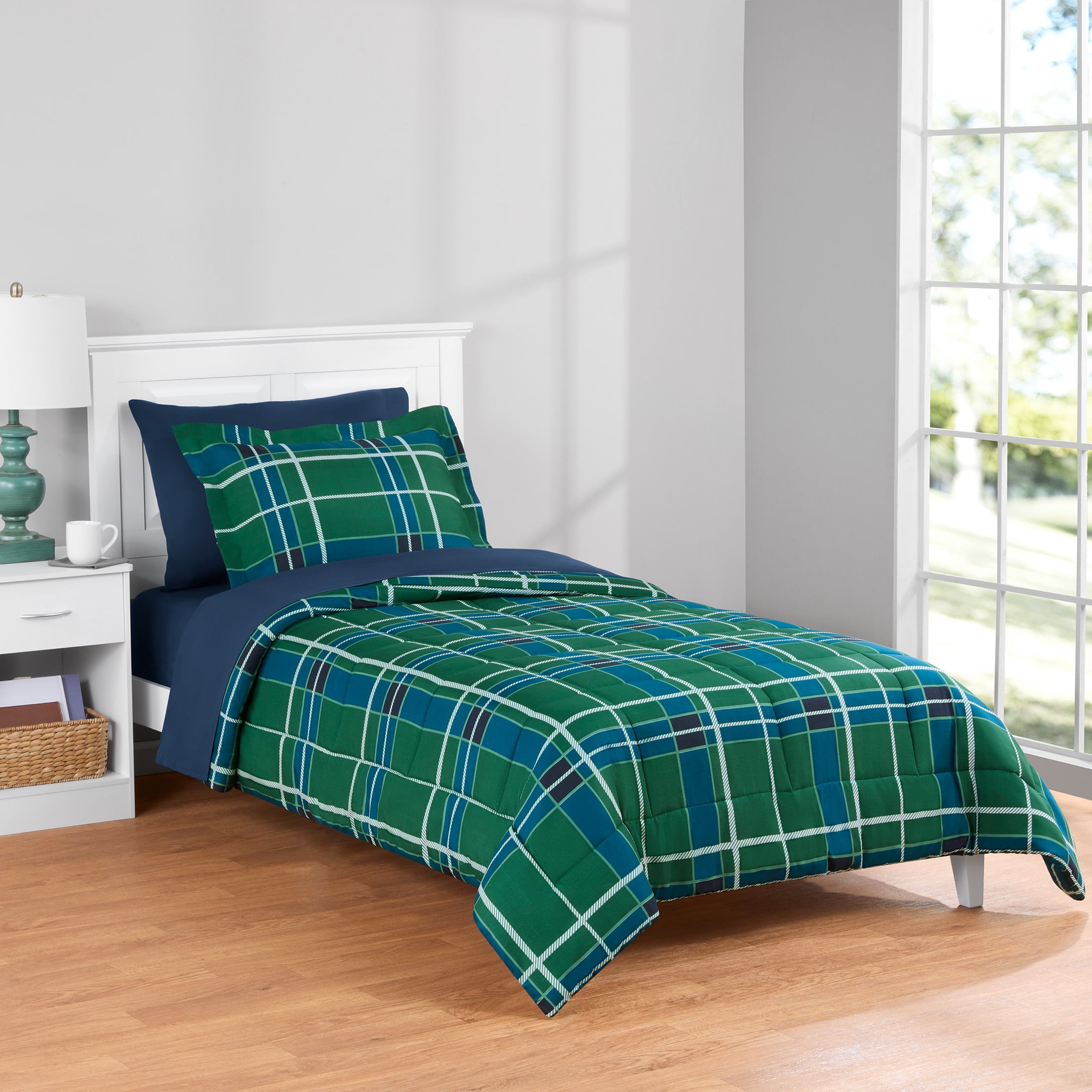 Mainstays All in One Reversible Comforter and Sheet set- 5 Piece, Twin, Green and Navy Plaid