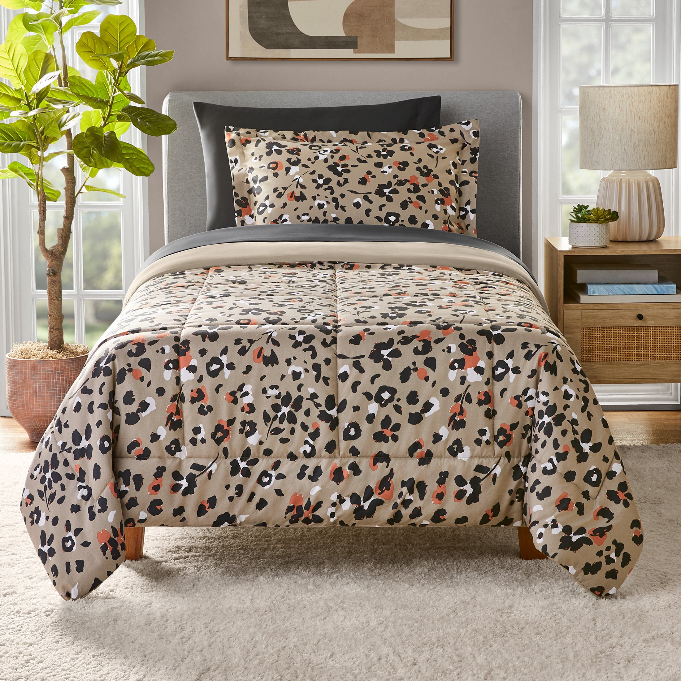Mainstays 5-Piece Reversible Bed in a Bag Comforter Set with Sheets, Beige Animal Print