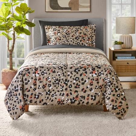 Mainstays All in One Reversible Comforter and Sheet set- 5 Piece, Twin, Beige Animal Print