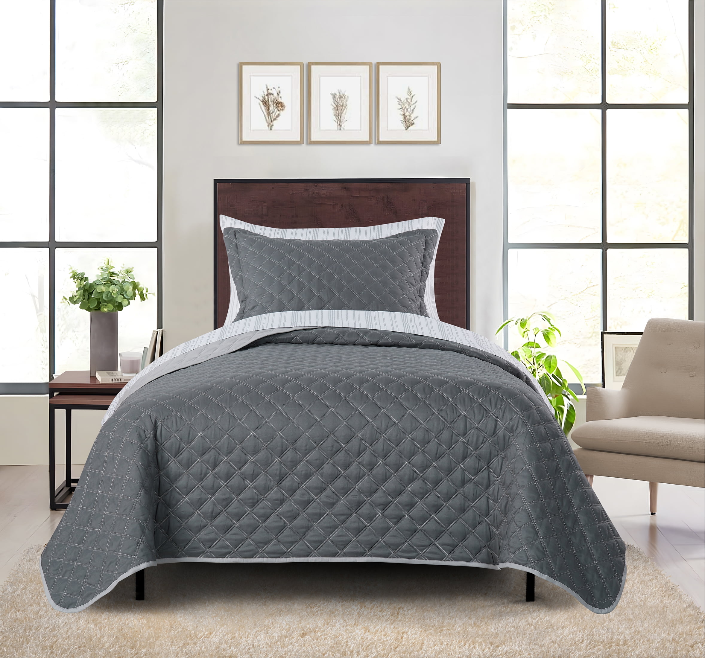 Mainstays All in One Lightweight Quilt Set and Sheet Set, 5 Piece, Twin/Twin-XL, Gray