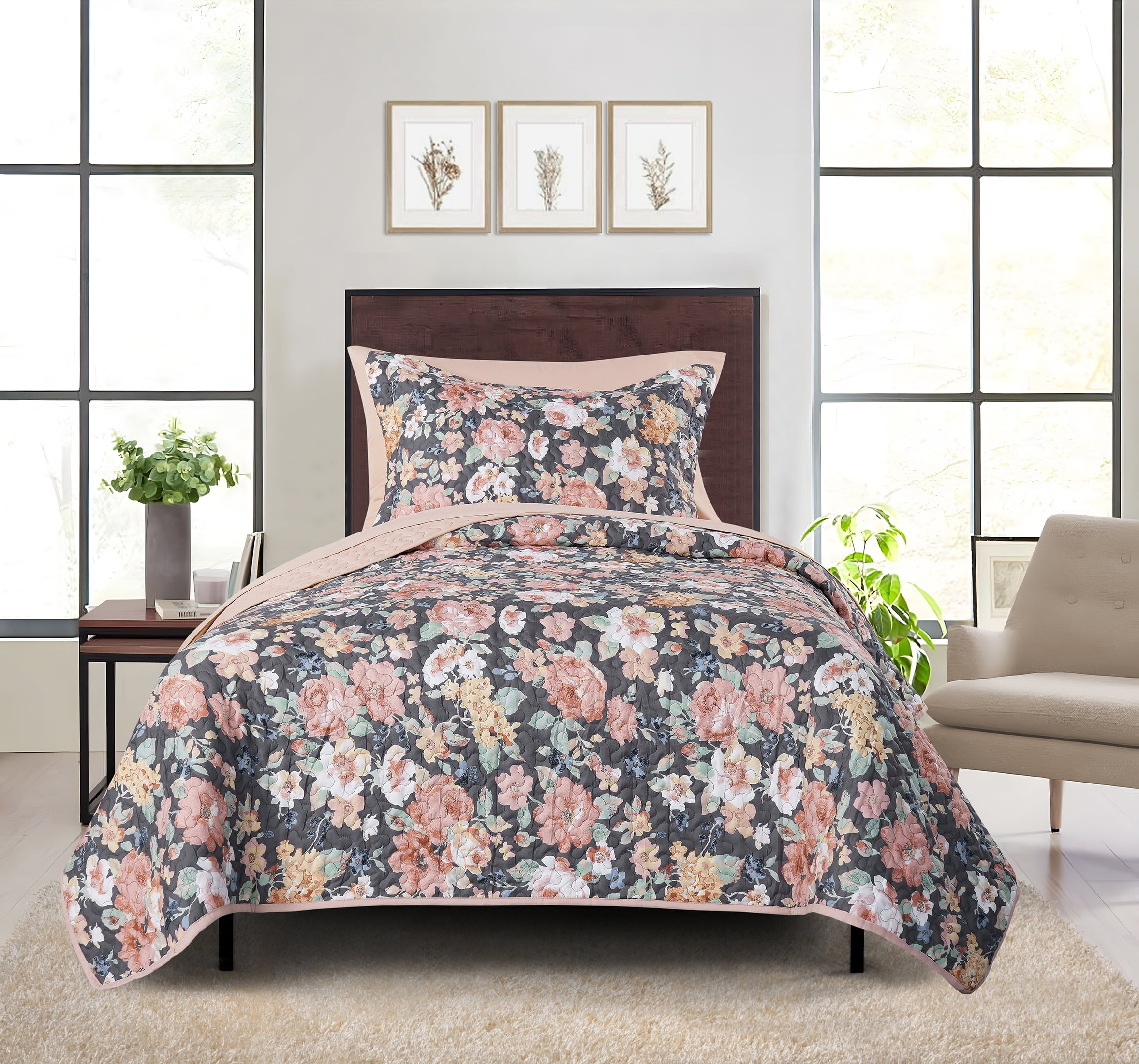 Mainstays 5 Piece Gray Floral Reversible Quilt Set with Pink Blush Sheets, Twin-XL