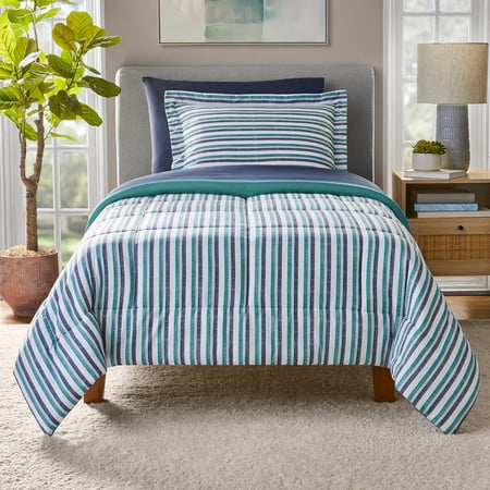 Mainstays All in One Reversible Comforter and Sheet set- 5 Piece, Twin, Blue Pinstripe