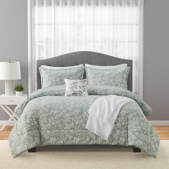 Mainstays 5-Piece Sage Floral Comforter Set, Full/Queen