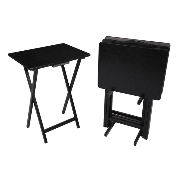 Mainstays Solid Rubberwood Folding TV Tray Set with Storage Rack, Black, 5-Piece