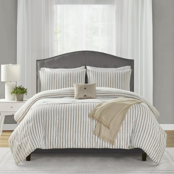 Mainstays 5-Piece Tan Striped Comforter Set, Full/Queen