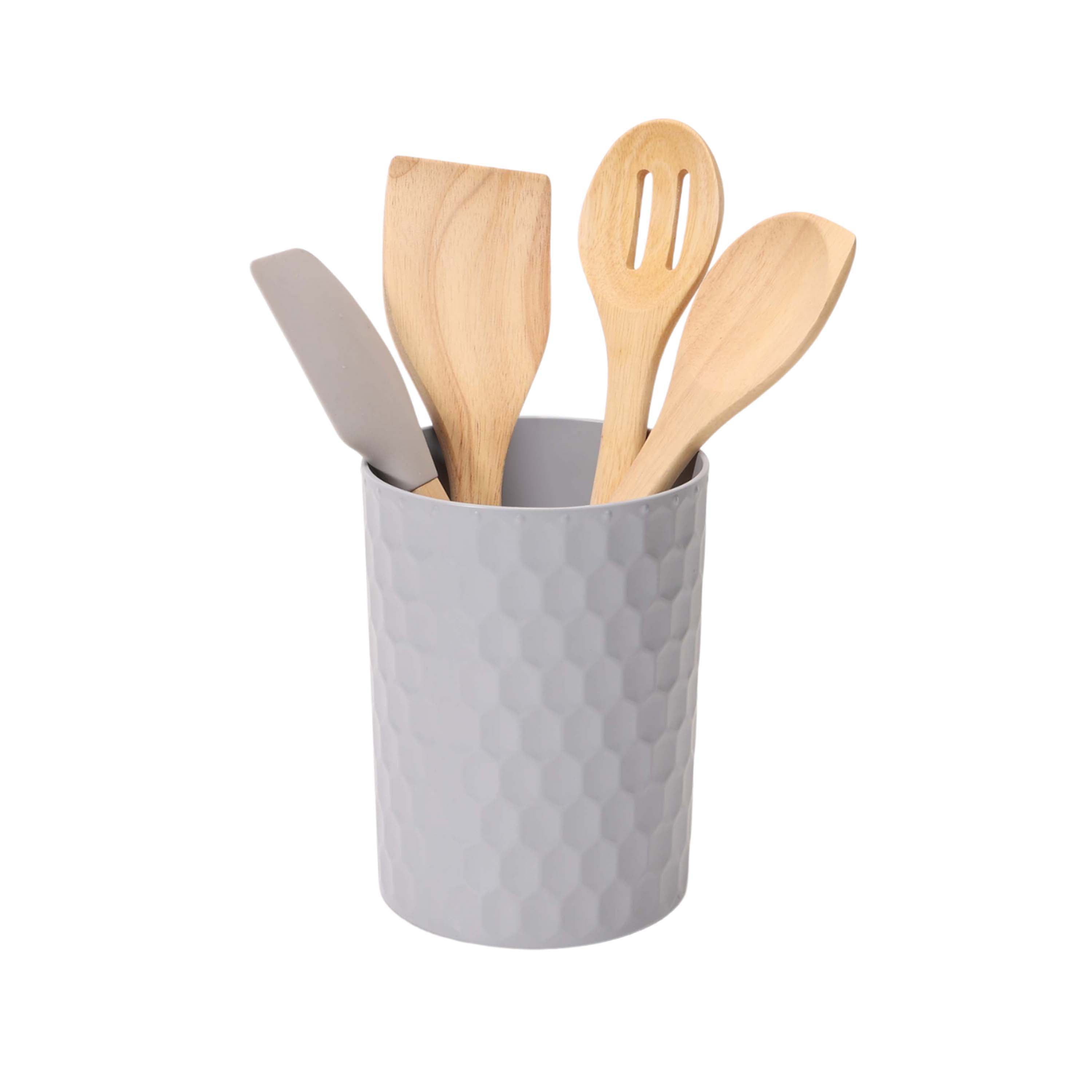 Drew Barrymore Kitchen Utensil 5 Piece Set with Silicone Tools and Crock,  White Wood utensil set Spatula for cooking white Oil s