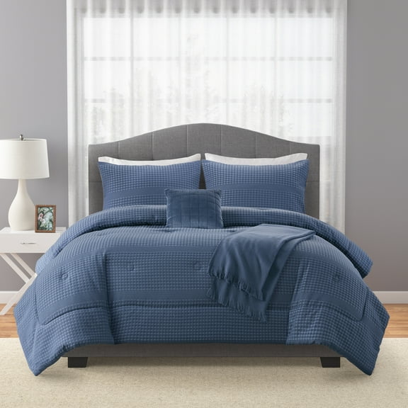Mainstays 5-Piece Washed Indigo Waffle Comforter Set, Full/Queen