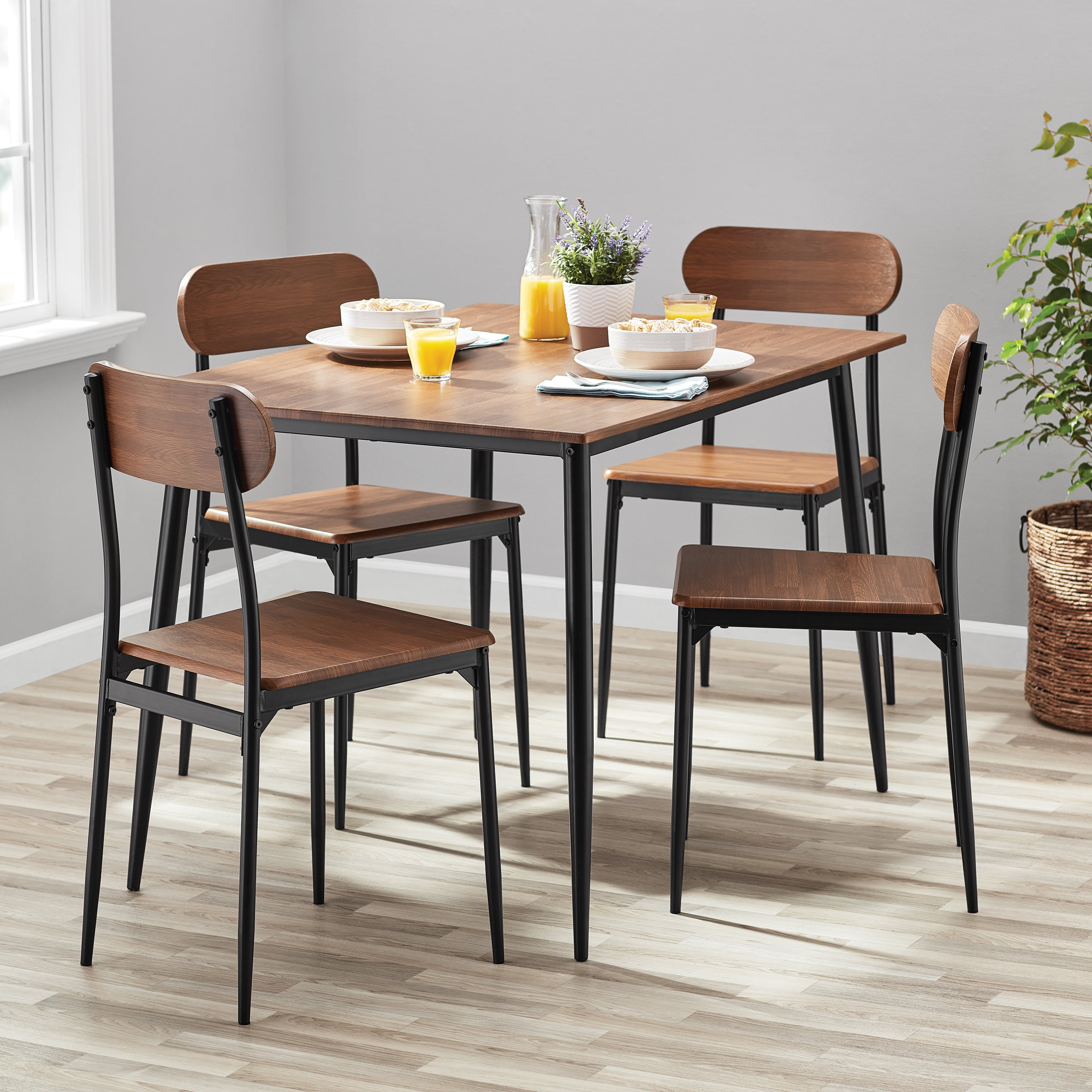 Mainstays 5-Piece Wood and Metal Dining Set, Walnut and Black, 1 Table and 4 Chairs