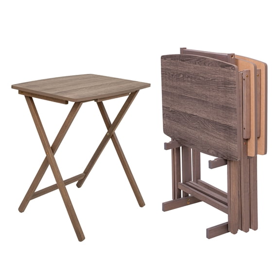 Mainstays 5-Piece XL Rubberwood and MDF Folding TV Tray Set with Storage Rack, Rustic Gray