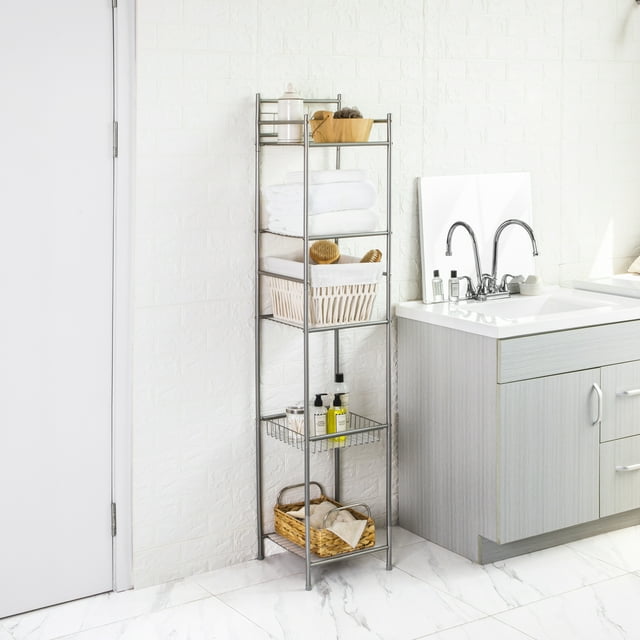 Mainstays 5Shelf Bathroom Storage Tower with Liner, Satin Nickel