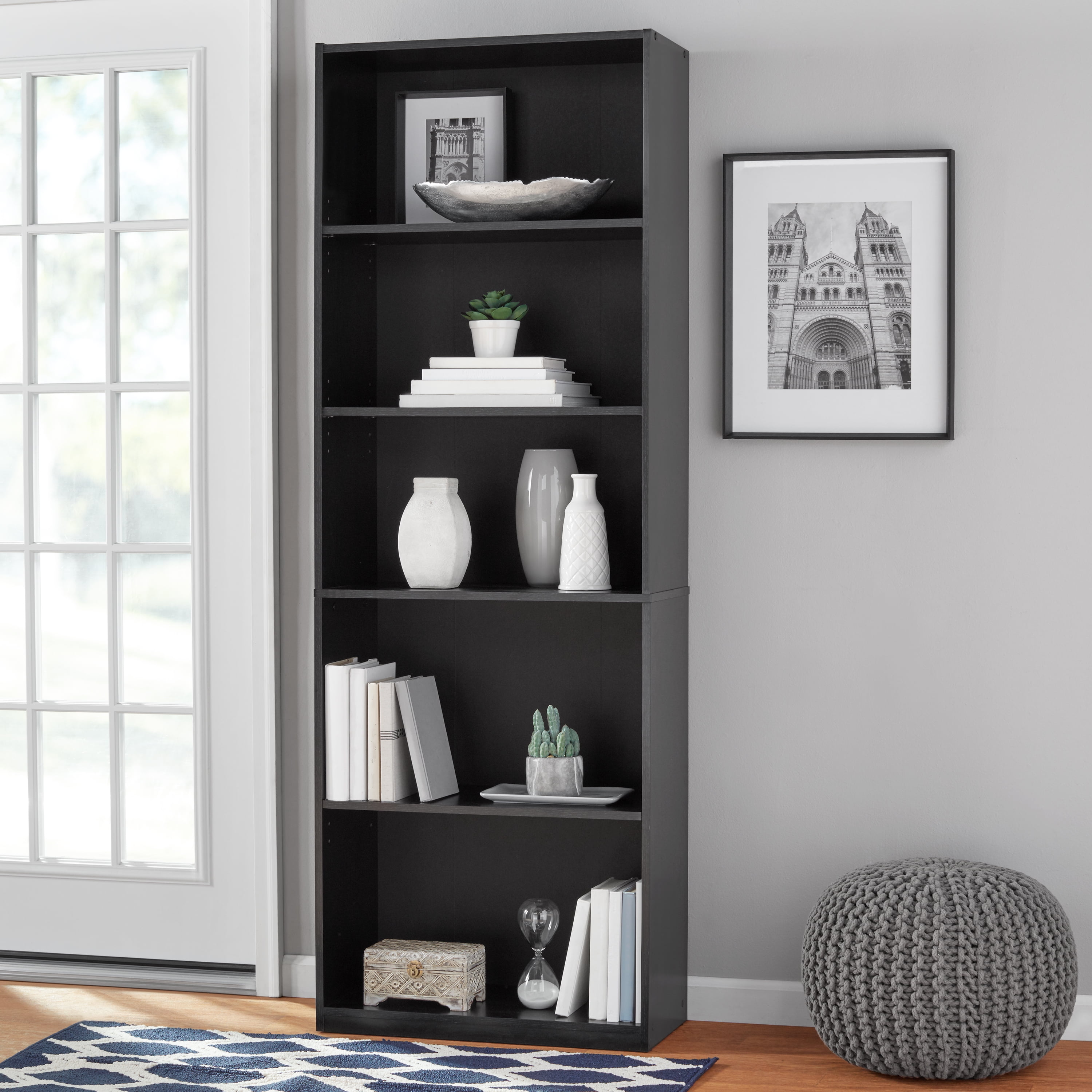 Tall Bookcase with Closed and Open Storage, Coastal Oak/Black