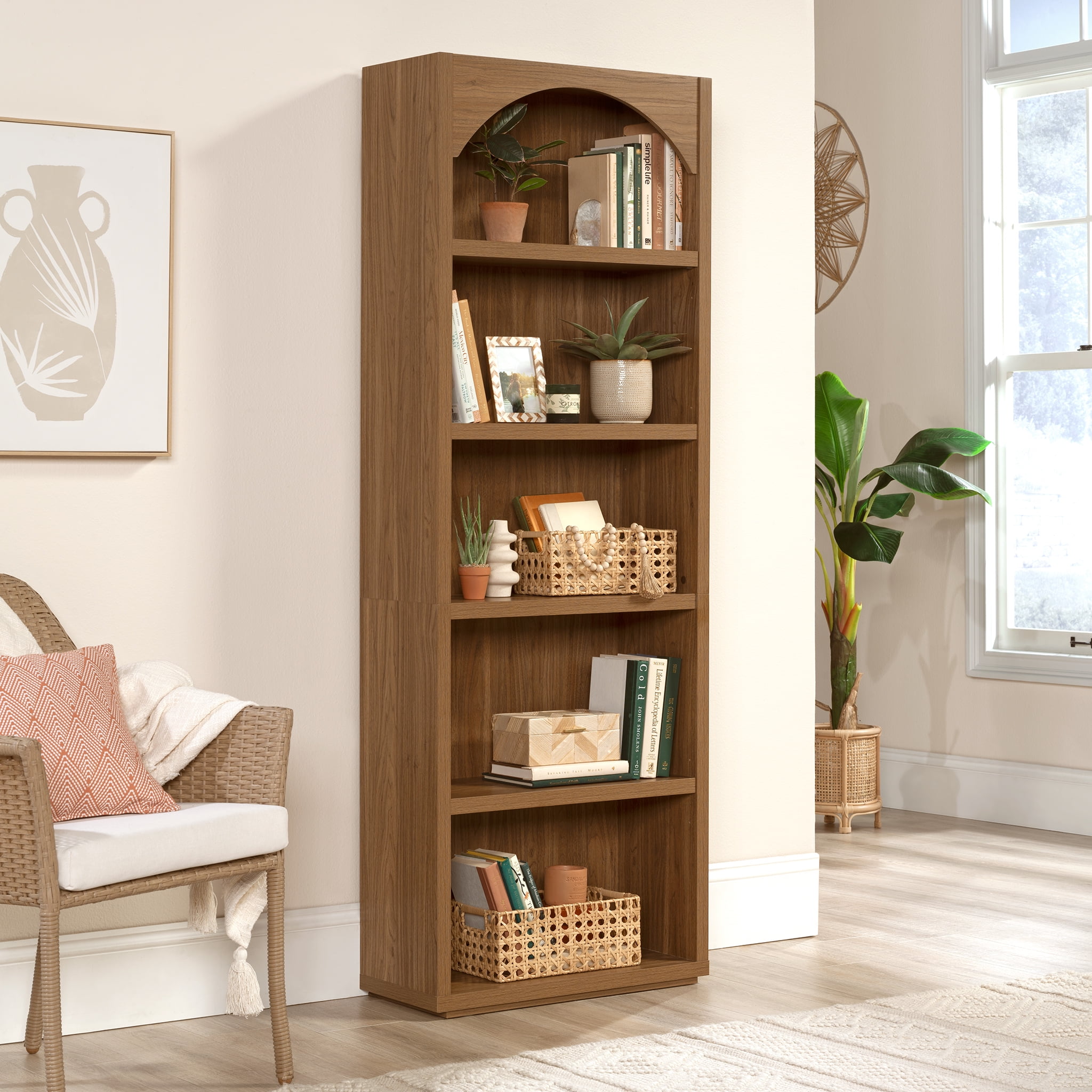 Mainstays 5 Shelf Westley Arch Bookcase, Warm Walnut Finish