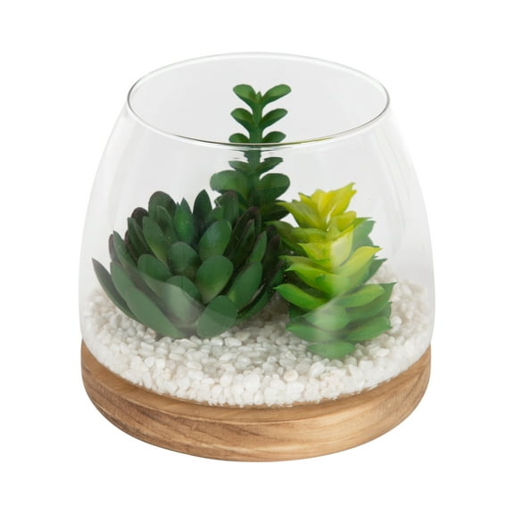 Mainstays 5" Tabletop Faux Succulent Glass Terrarium on Circle Wood Base