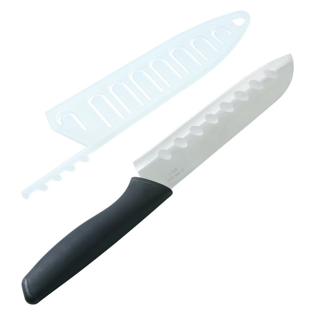 Mainstays 5 in Stainless Steel Santoku Kitchen Knife, Black, with Sheath