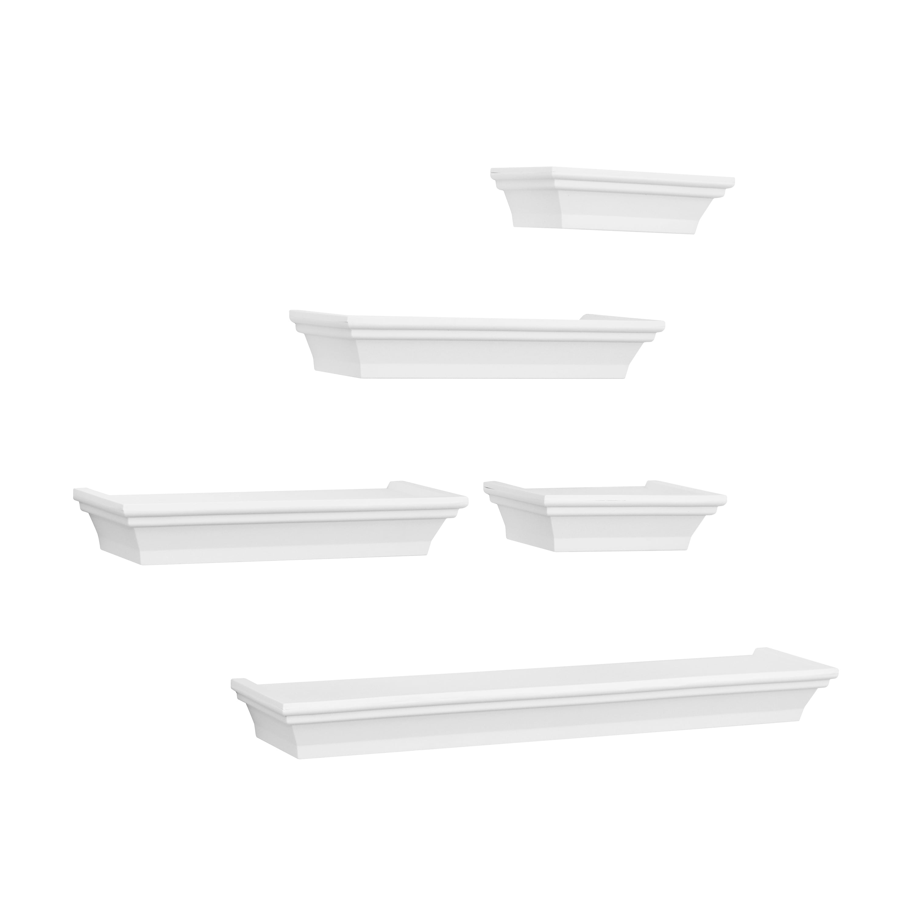 Mainstays 5 piece Assorted White Ledge Set; (2) 6", (2) 10", and (1) 18