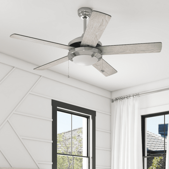 Mainstays 52" Satin Nickel Indoor Ceiling Fan with Light, 5 Blades, Pull Chain Control & Reverse Airflow