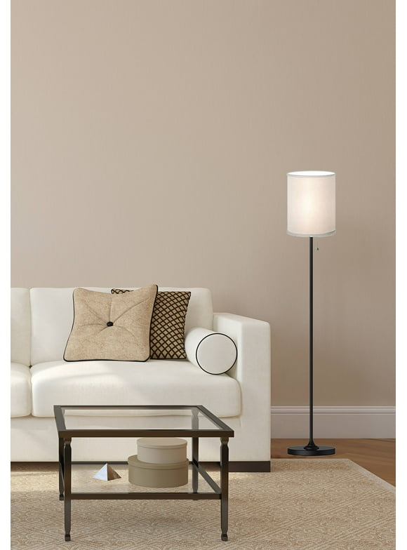Mainstays 56.5" Shaded Floor Lamp with White Fabric Shade, Black Finish, Classic Styling, Adult Use.