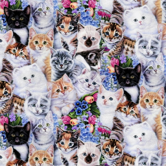 Mainstays 58" 100% Polyester Lux Anti-pill Fleece Kittens Flowers Sewing & Craft Fabric by the Yard, Multicolor