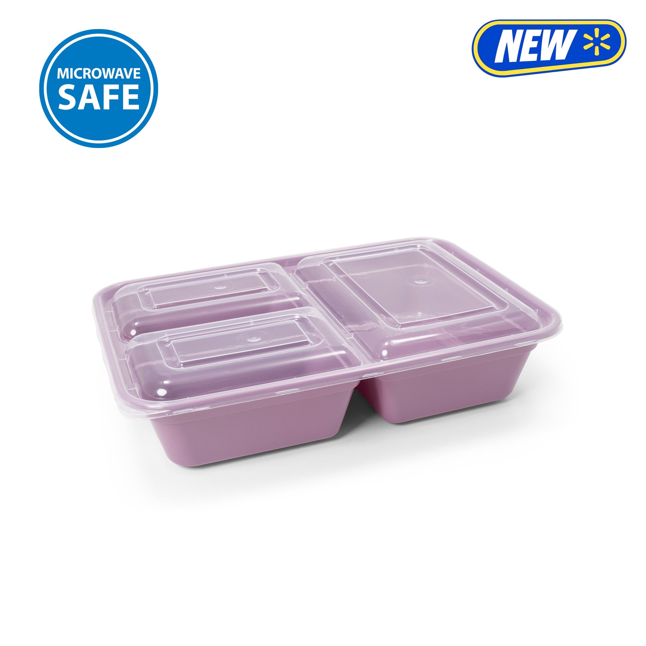 Mainstays 5-Pack 3-Compartment BPA-Free Plastic Meal Prep Food Storage Containers, 1.2L, Lilac Bloom