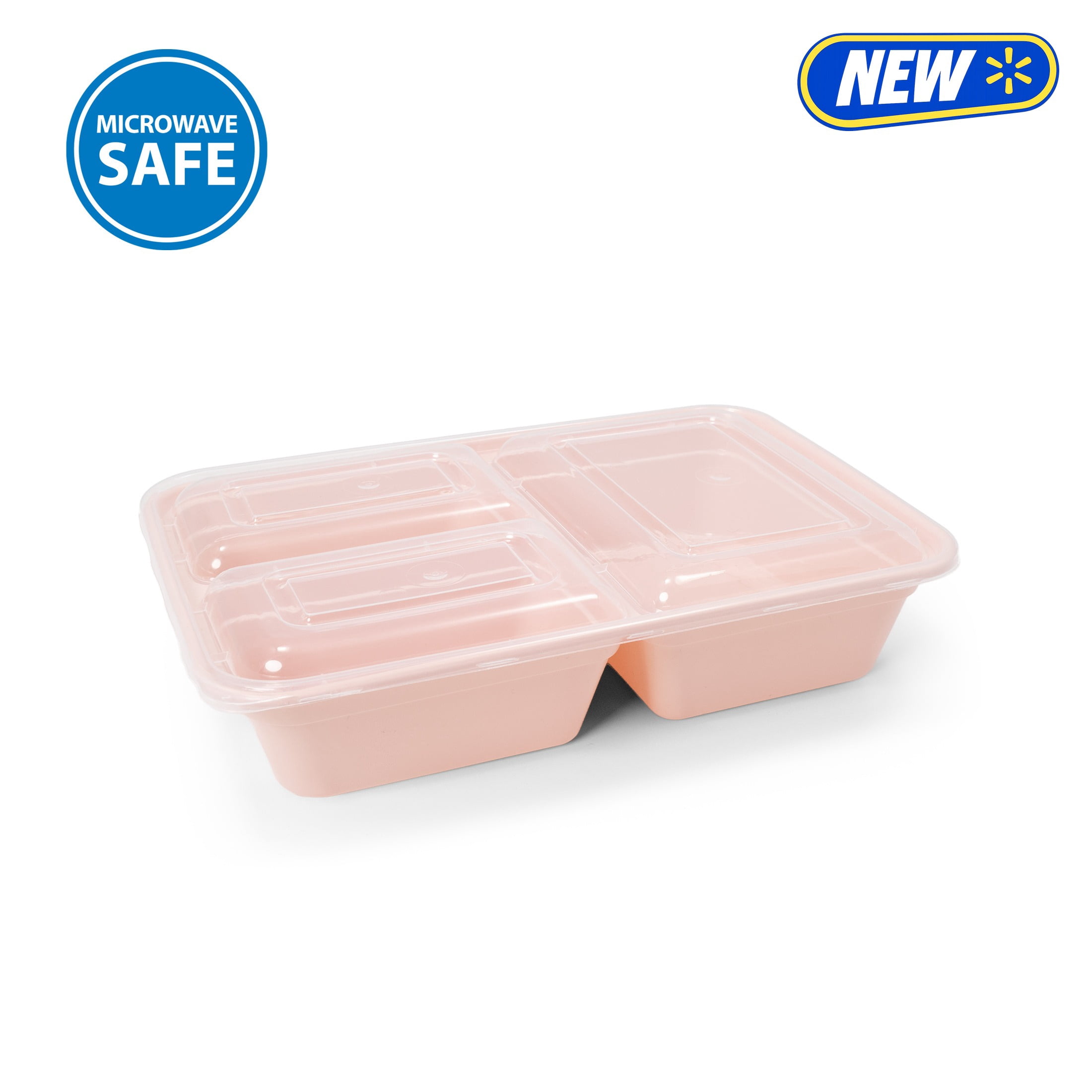 Mainstays 5-Pack 3-Compartment BPA-Free Plastic Meal Prep Food Storage Containers, 1.2L, Pink Blush