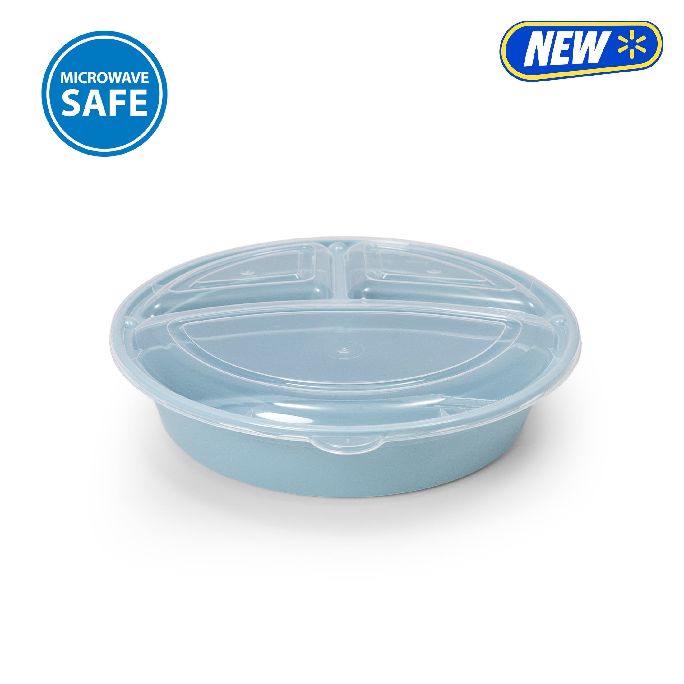 Mainstays 5-Pack 3-Compartment Round BPA-Free Plastic Meal Prep Food Storage Containers, 1L, Blue Cameo