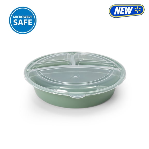 Mainstays 5-Pack 3-Compartment Round BPA-Free Plastic Meal Prep Food Storage Containers, 1 L, Green Sage