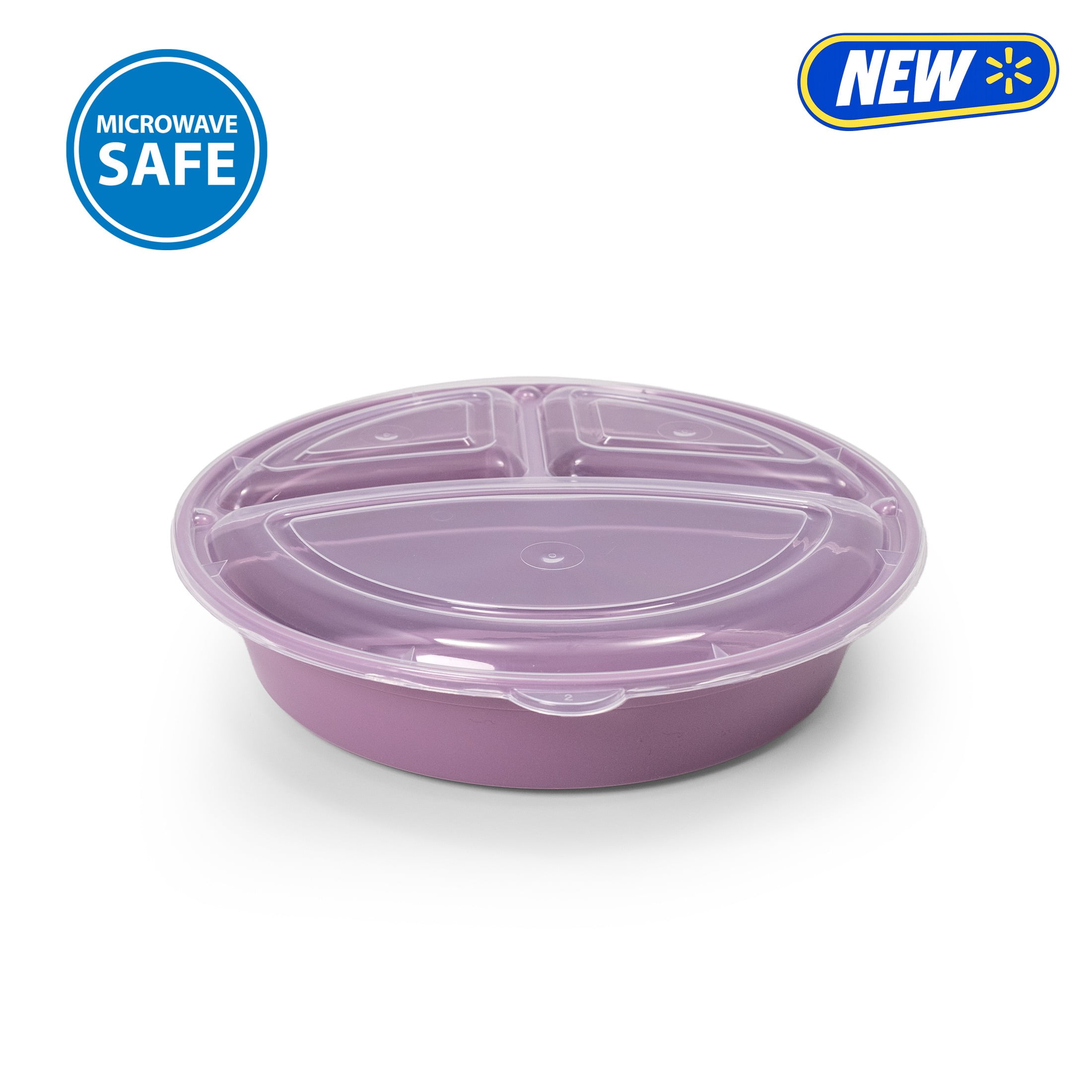 Mainstays 5-Pack 3-Compartment Round BPA-Free Plastic Meal Prep Food Storage Containers, 1L, Lilac Bloom