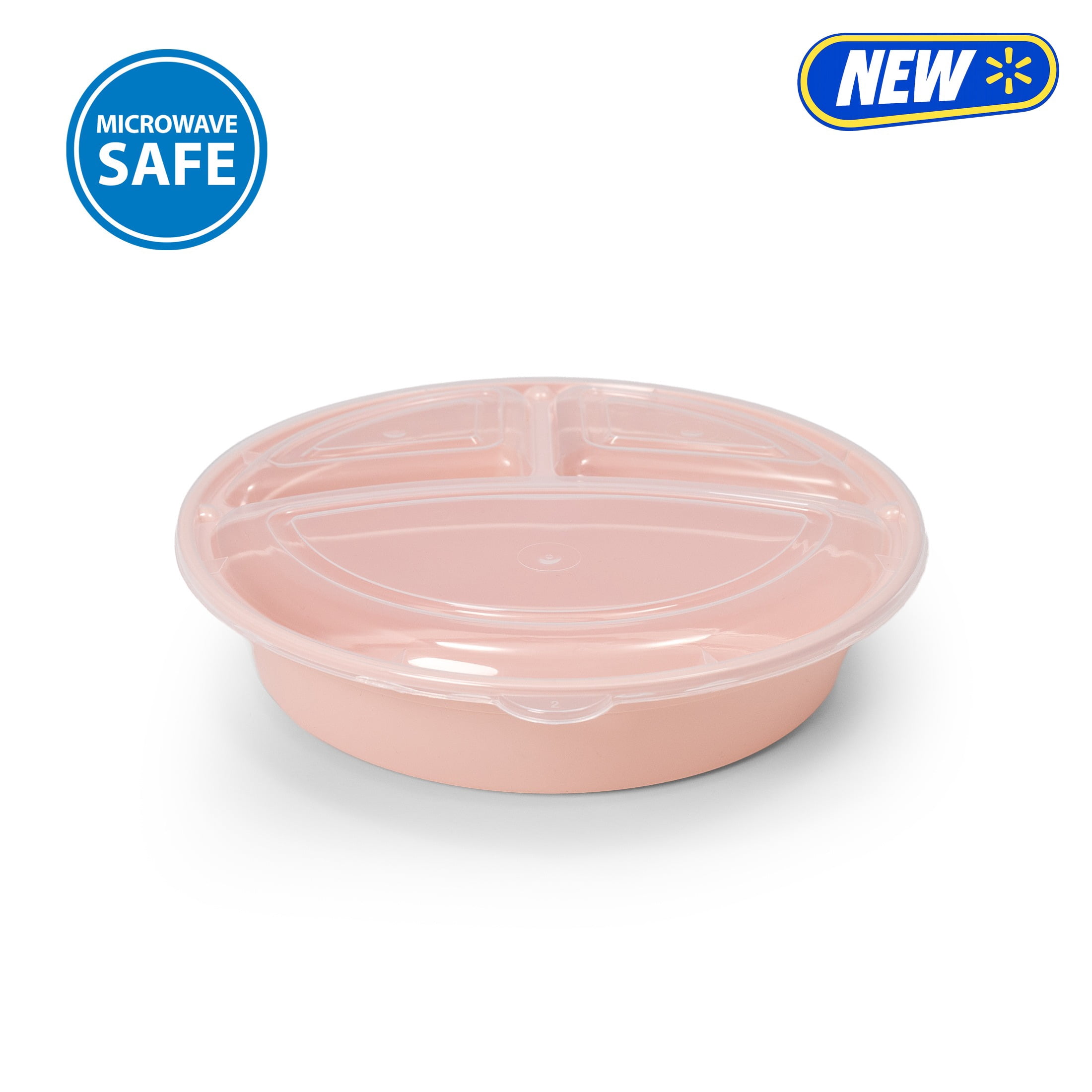 Mainstays 5-Pack 3-Compartment Round BPA-Free Plastic Meal Prep Food Storage Containers, 1L, Pink Blush